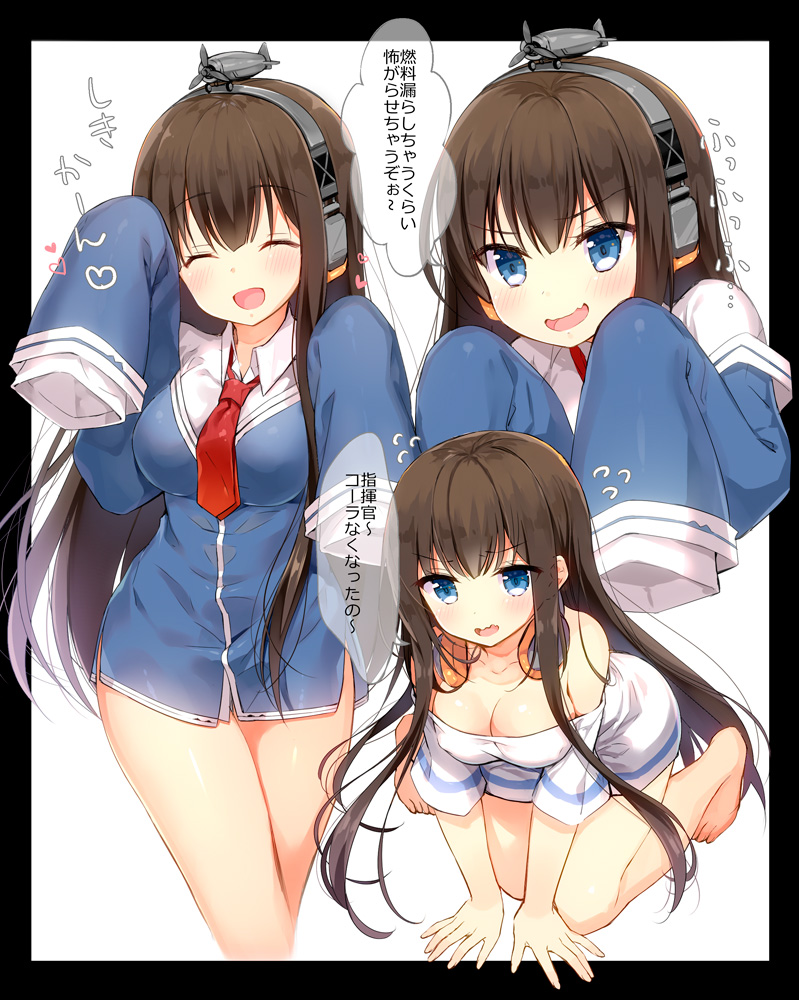 1girl :d ^_^ all_fours azur_lane bangs bare_shoulders blue_dress blue_eyes blush breasts brown_hair cleavage closed_eyes collarbone collared_shirt commentary_request dress eyebrows_visible_through_hair fang flying_sweatdrops hair_between_eyes headphones headphones_around_neck long_hair long_island_(azur_lane) long_sleeves medium_breasts multiple_views necktie no_pants off-shoulder_shirt open_mouth red_neckwear shirt short_dress sleeves_past_wrists smile translation_request v-shaped_eyebrows very_long_hair white_background white_shirt yadapot