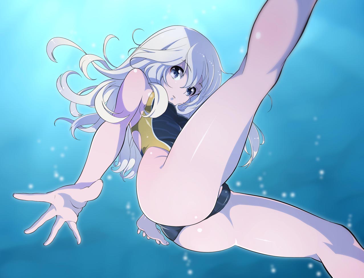 1girl air_bubble alternate_costume ass bangs bare_arms bare_legs blue_eyes competition_swimsuit eyebrows eyebrows_visible_through_hair from_below hair_between_eyes kantai_collection kurihara_kenshirou long_hair looking_at_viewer looking_down one-piece_swimsuit palms parted_lips silver_hair small_breasts solo spread_fingers spread_legs swimsuit u-511_(kantai_collection) underwater