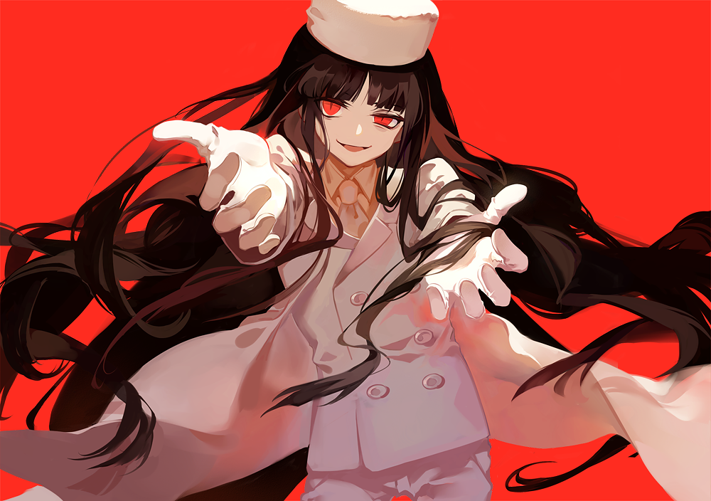 1girl bangs black_hair dhiea formal fur_hat girlycard gloves hat hellsing hellsing:_the_dawn long_hair necktie outstretched_arms red_background red_eyes simple_background smile solo suit white_suit