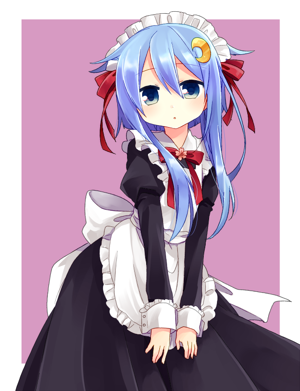 1girl alternate_costume apron blue_eyes crescent crescent_hair_ornament dress enmaided flower_ornament frills hair_between_eyes hair_ornament hair_ribbon kantai_collection long_sleeves looking_at_viewer maid maid_headdress nagasioo puffy_long_sleeves puffy_sleeves purple_hair ribbon short_hair short_hair_with_long_locks solo v_arms yayoi_(kantai_collection)