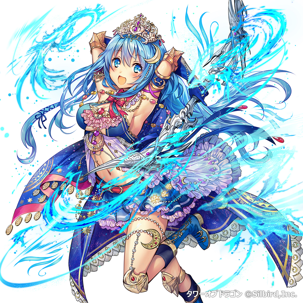 1girl :d armband armpits arms_up bangs belt blue_boots blue_eyes blue_hair blue_skirt blush boots breasts cape cleavage company_name copyright_name crescent crescent_hair_ornament dress elbow_gloves eyebrows eyebrows_visible_through_hair frilled_skirt frills gloves hair_between_eyes hair_ornament hair_ribbon holding holding_weapon jewelry knee_pads looking_at_viewer madogawa navel official_art one_leg_raised open_mouth original ribbon simple_background skirt smile solo tiara tower_of_dragon wand water weapon white_background wings