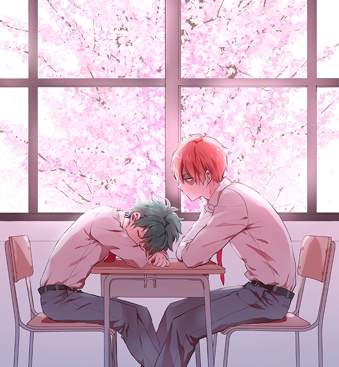 2boys arm_pillow belt boku_no_hero_academia chair cherry_blossoms classroom collared_shirt desk from_side gradient indoors long_sleeves looking_at_another male_focus midoriya_izuku multicolored_hair multiple_boys necktie pants profile red_necktie redhead school_desk school_uniform shirt silver_hair sitting sitting_on_chair sleeping spoon_(jesing) todoroki_shouto tree two-tone_hair white_shirt window
