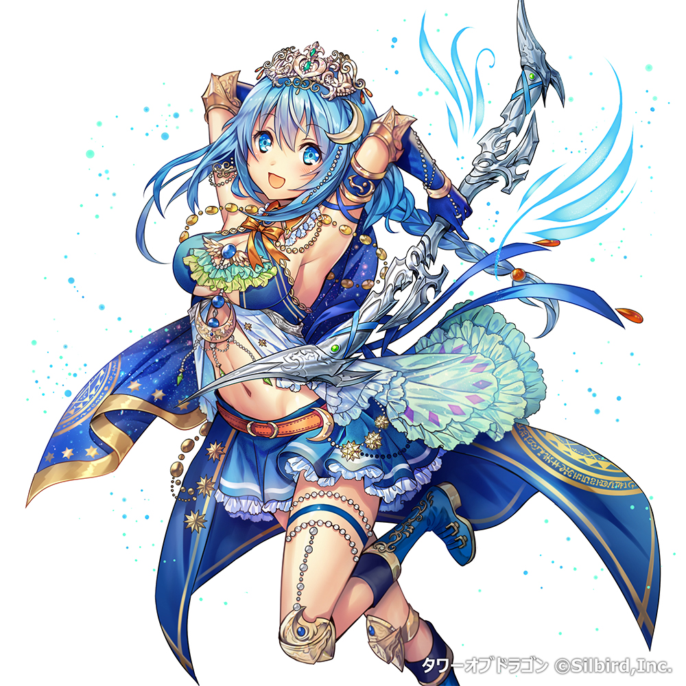 1girl :d armband armpits arms_up bangs belt blue_boots blue_eyes blue_hair blue_skirt boots braid breasts cape cleavage company_name copyright_name crescent crescent_hair_ornament dress elbow_gloves eyebrows eyebrows_visible_through_hair frilled_skirt frills gloves hair_between_eyes hair_ornament holding holding_weapon jewelry knee_pads looking_at_viewer madogawa navel official_art one_leg_raised open_mouth original ribbon simple_background single_braid skirt smile solo tiara tower_of_dragon wand weapon white_background wings