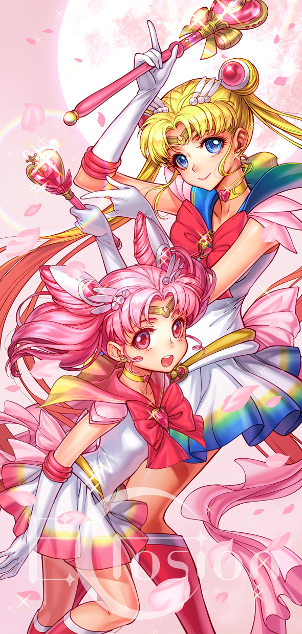 2girls \m/ artist_name bishoujo_senshi_sailor_moon blonde_hair blue_eyes boots bow brooch chibi_usa choker crescent crescent_earrings double_bun earrings eclosion full_moon hair_ornament hairpin highres jewelry knee_boots long_hair looking_at_viewer magical_girl moon multiple_girls petals pink_background pink_hair pink_moon_stick pleated_skirt red_boots red_bow red_eyes sailor_chibi_moon sailor_collar sailor_moon short_hair skirt smile spiral_heart_moon_rod super_sailor_chibi_moon super_sailor_moon tiara tsukino_usagi twintails