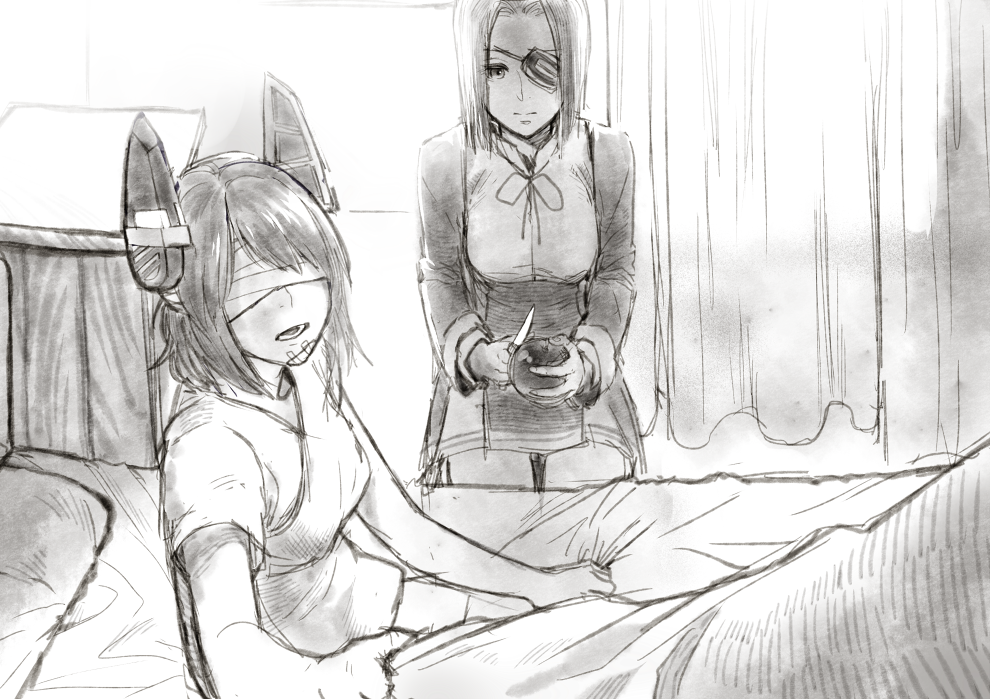 bandaged_head commentary_request eyepatch kantai_collection monochrome sketch tatsuta_(kantai_collection) tenryuu_(kantai_collection)