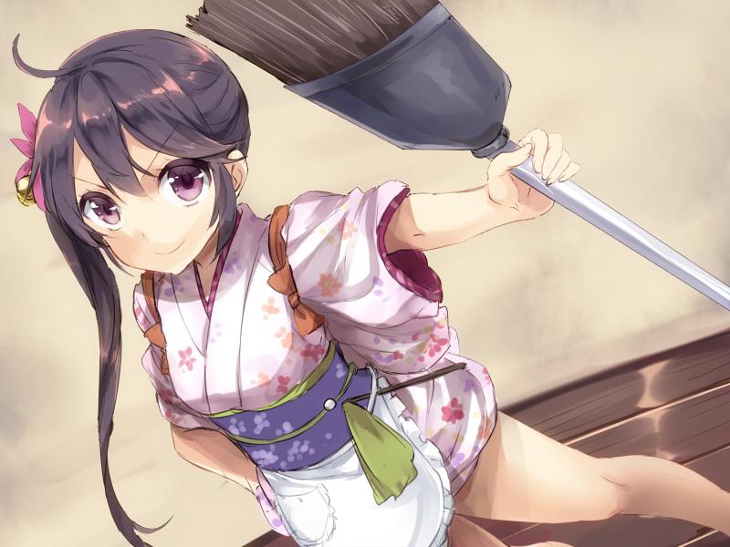 &gt;:) 1girl akebono_(kantai_collection) apron bell broom hair_bell hair_ornament hand_on_hip japanese_clothes jingle_bell jpeg_artifacts kantai_collection kimono maruki_(punchiki) obi sash side_ponytail smile solo standing tasuki waist_apron