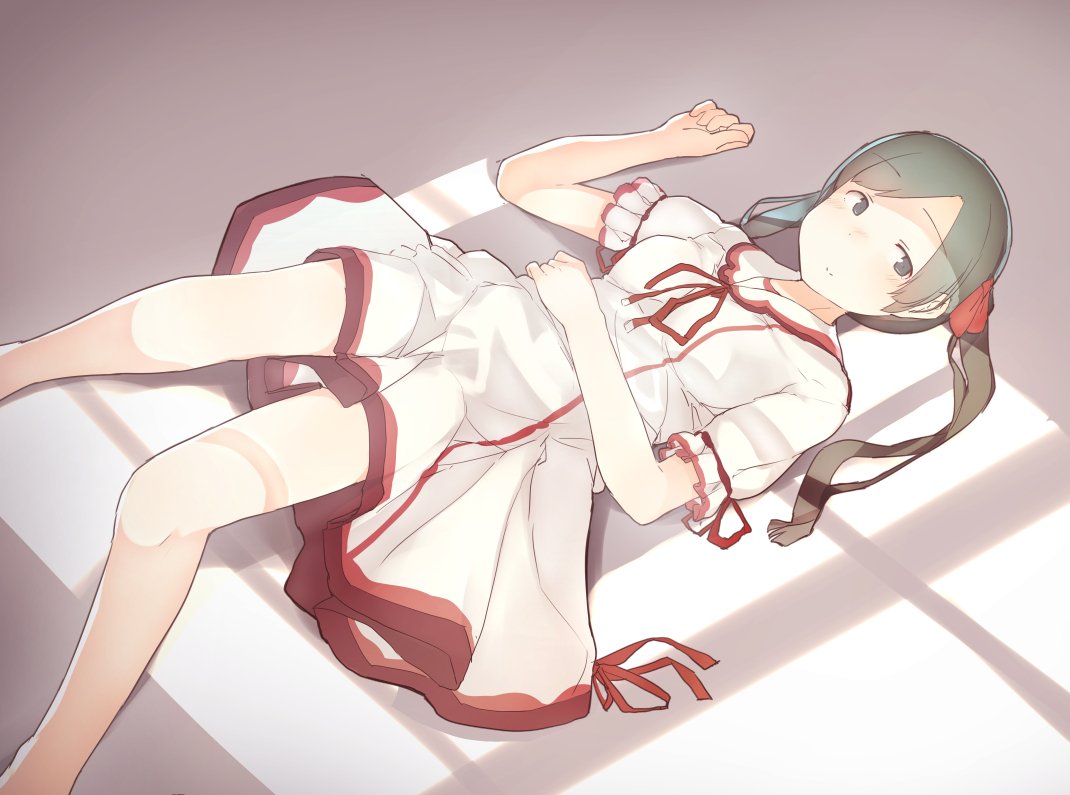 1girl alternate_costume bare_legs black_eyes black_hair closed_mouth dress eyebrows eyebrows_visible_through_hair frilled_dress frilled_sleeves frills fuu_fuu hair_ornament hand_on_own_stomach kantai_collection light long_hair looking_at_viewer lying mikuma_(kantai_collection) on_back red_ribbon ribbon short_sleeves smile solo twintails