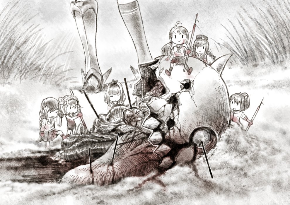 6+girls 61cm_quadruple_torpedo_mount ahoge bangs blood blood_on_face blunt_bangs boots braid bullet_hole character_request closed_eyes commentary_request diving_mask_on_head fairy_(kantai_collection) flower grass hair_flower hair_ornament hair_ribbon hairband harpoon hat holding holding_weapon impaled kantai_collection long_hair looking_at_viewer low_twintails monochrome multiple_girls neckerchief overall pleated_skirt ponytail ribbon sailor_hat school_swimsuit school_uniform serafuku shinkaisei-kan short_hair sitting sitting_on_object sketch skirt smile swimsuit translation_request twin_braids twintails uyama_hajime weapon