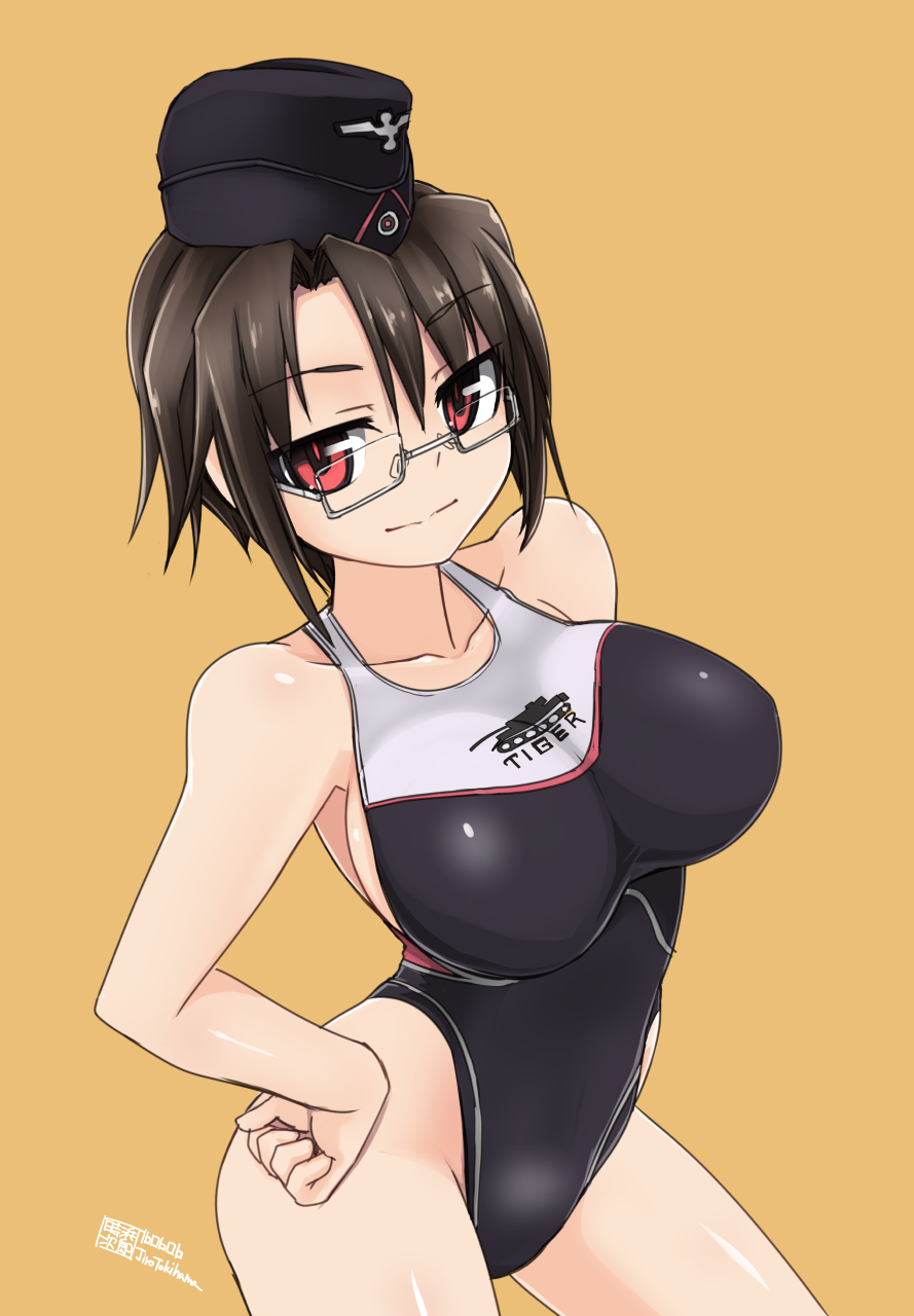 1girl 2016 artist_name bangs black_hat breasts brown_hair closed_mouth clothes_writing collarbone competition_swimsuit cowboy_shot dated eyebrows eyebrows_visible_through_hair garrison_cap glasses hair_between_eyes hand_on_hip hat highleg highleg_swimsuit highres large_breasts looking_at_viewer one-piece_swimsuit original print_swimsuit red_eyes semi-rimless_glasses shiny shiny_skin short_hair simple_background smile solo swimsuit tank_print tokihama_jirou toraichi_kyouko under-rim_glasses white-framed_glasses yellow_background