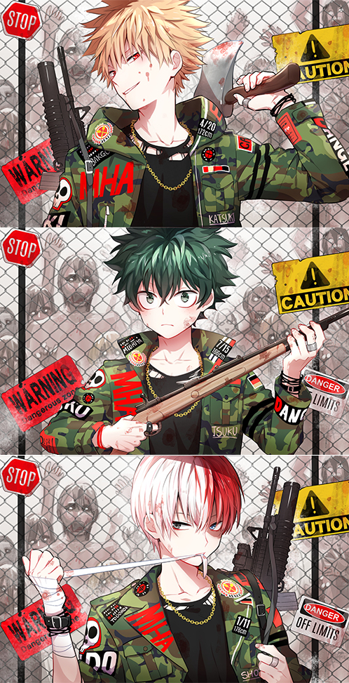 ! 3boys assault_rifle axe badge bakugou_katsuki bandaged_arm bandages bangs belt birthday blonde_hair blood blood_on_face bloody_bandages blue_eyes boku_no_hero_academia bruise buckle burn_scar camouflage chain-link_fence chain_necklace closed_mouth clothes_writing copyright_name dated fence finger_on_trigger frown green_eyes green_hair gun hair_between_eyes head_tilt height holding holding_gun holding_weapon hood hooded_jacket injury jacket jewelry long_sleeves looking_at_viewer looking_to_the_side male_focus midoriya_izuku military military_uniform mouth_hold multicolored_hair multiple_boys number pocket red_eyes redhead rifle road_sign shirt sign skull_print smirk spoon_(jesing) string thumb_ring todoroki_shouto torn_clothes torn_shirt traffic_light two-tone_hair uniform upper_body warning_sign weapon weapon_on_back white_hair wristband zombie