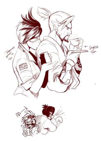 1boy 1girl arm_tattoo bangs beard black_tea bomber_jacket cup facial_hair goggles green_tea hanzo_(overwatch) holding holding_cup jacket japanese_clothes monochrome open_mouth overwatch ponytail short_hair sleeves_rolled_up spiky_hair spit_take spitting steam sweatdrop tattoo tea teacup tongue tongue_out tracer_(overwatch) union_jack yunomi