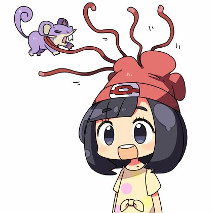 1girl :d bangs beanie black_hair blunt_bangs blush closed_eyes female_protagonist_(pokemon_sm) hat kanikama lowres motion_lines open_mouth pokemon pokemon_(creature) pokemon_(game) pokemon_sm rattata red_hat restrained round_teeth shirt short_sleeves simple_background smile teeth tentacles white_background wince yellow_shirt