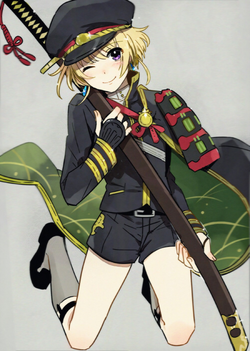 1boy ;) armor blonde_hair blush cape earrings egu_(encore2) hat holding holding_weapon hotarumaru hotarumaru_(cosplay) idolmaster idolmaster_side-m japanese_armor jewelry looking_at_viewer male_focus military military_hat military_uniform one_eye_closed pierre_(idolmaster) shorts smile sock_garters socks sode solo sword touken_ranbu uniform violet_eyes weapon