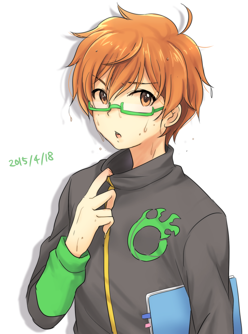 1boy aoi_kyosuke glasses green-framed_glasses looking_at_viewer orange_eyes orange_hair simple_background sweat upper_body white_background