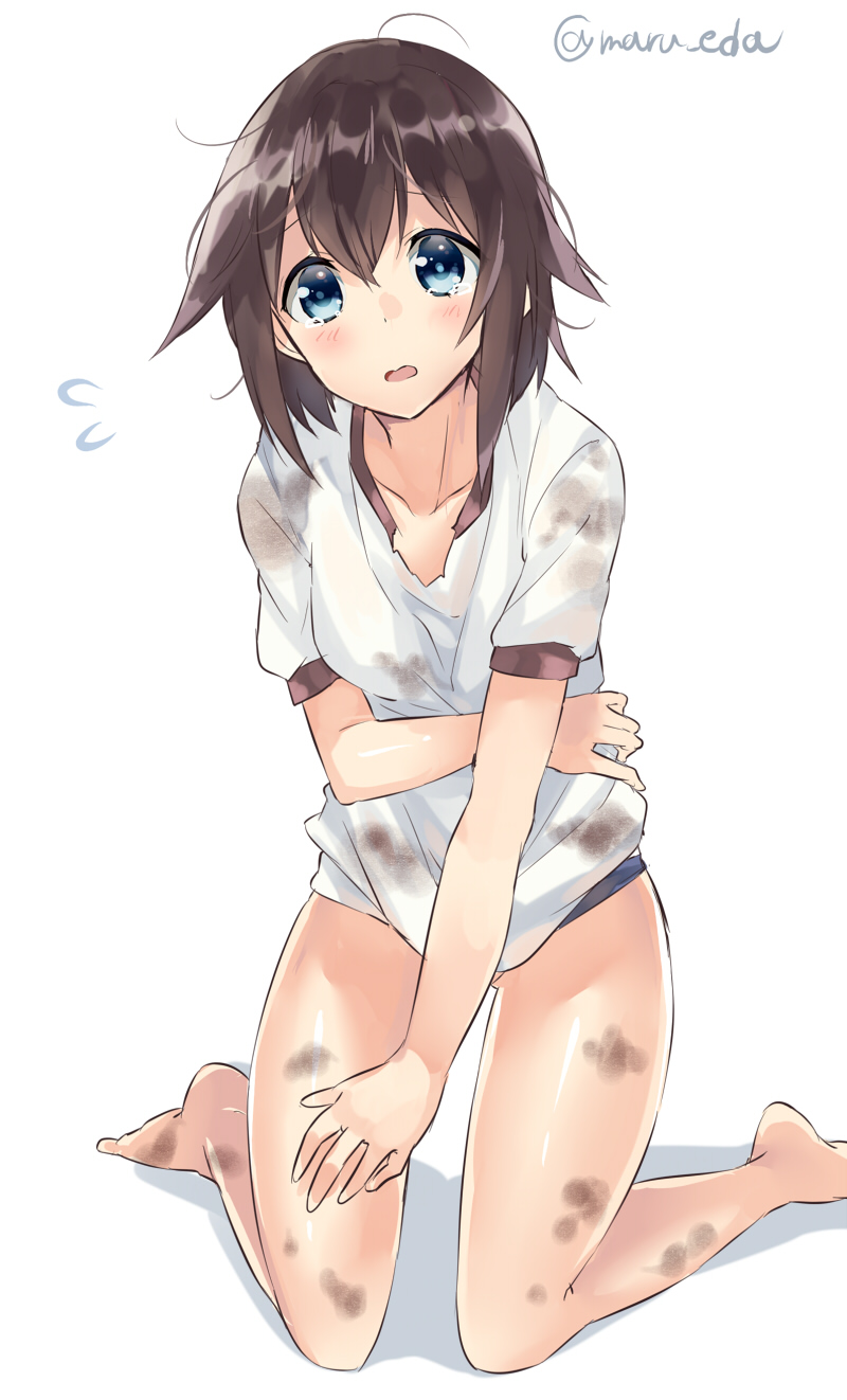 1girl bangs barefoot blue_eyes blush brown_hair buruma collarbone dirty dirty_clothes flying_sweatdrops gym_uniform hair_between_eyes hayasui_(kantai_collection) highres kantai_collection kneeling looking_at_viewer maruki_(punchiki) messy_hair open_mouth shadow shirt short_hair short_sleeves simple_background solo tears torn_clothes torn_shirt twitter_username wavy_mouth white_background