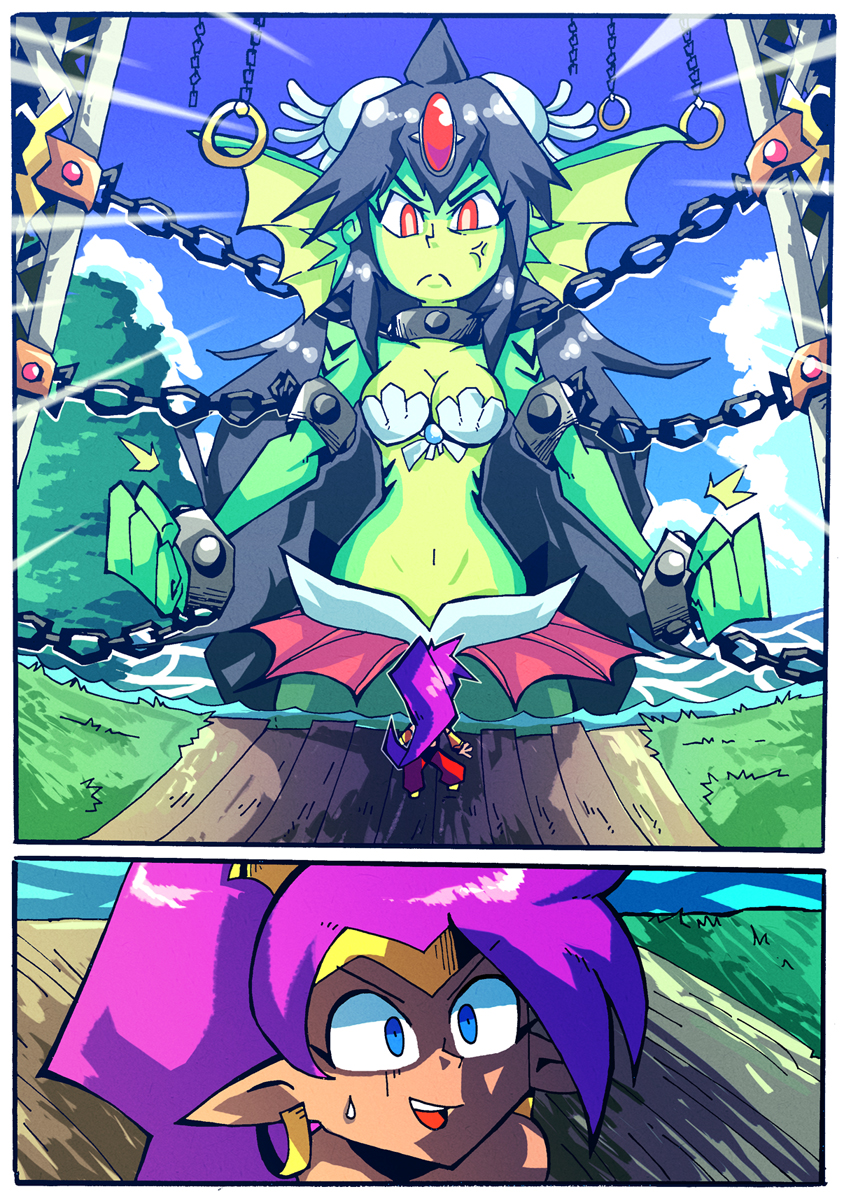 2girls anger_vein bdsm black_hair blue_eyes bondage bound breasts chain cleavage collar cuffs earrings giantess green_skin head_fins hoop_earrings jewelry long_hair mermaid monster_girl multiple_girls navel partially_submerged pointy_ears purple_hair red_eyes setz shackles shaded_face shantae shantae_(character) size_difference sweatdrop very_long_hair
