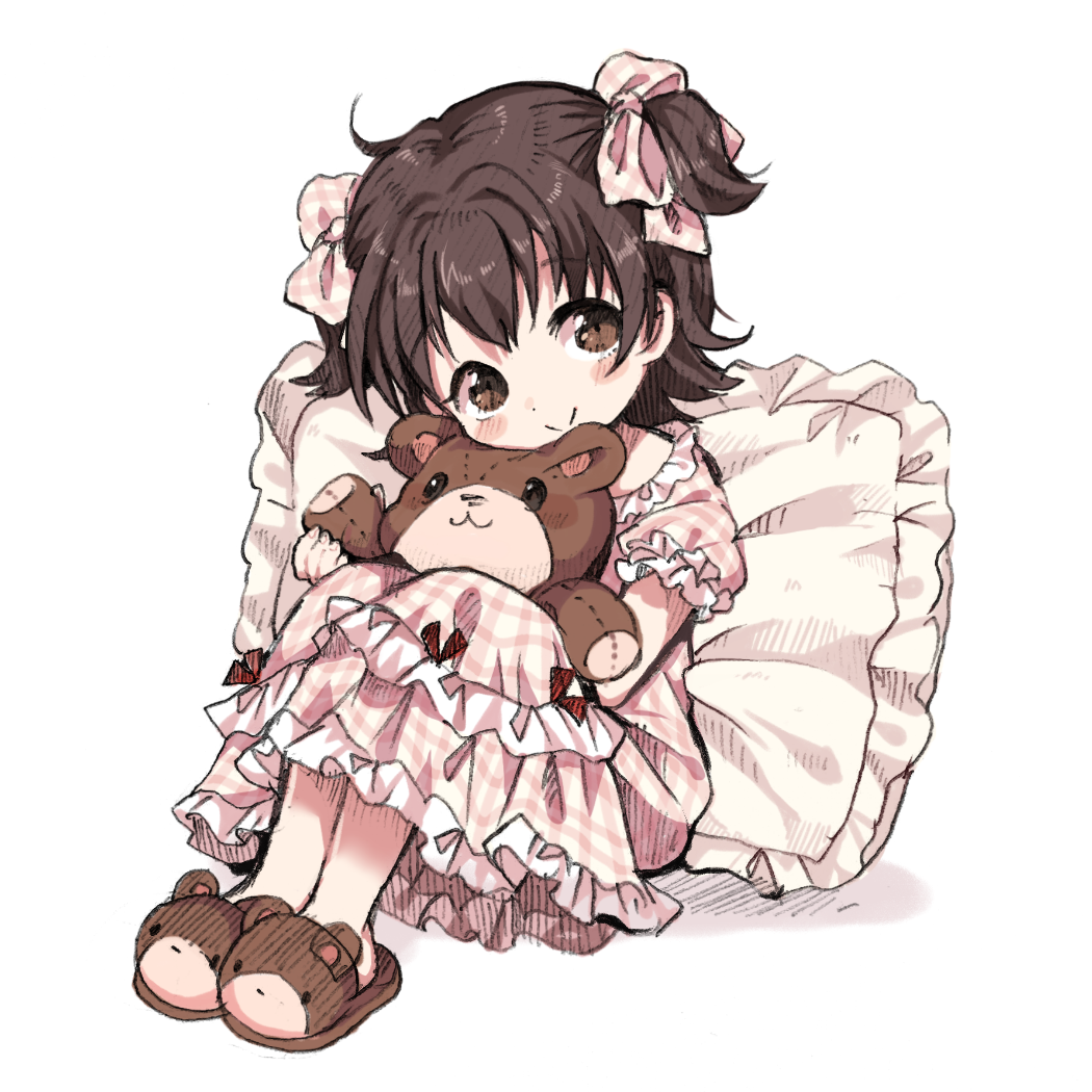 1girl brown_eyes brown_hair child dress hug mokarooru pajamas pillow plaid short_twintails simple_background sitting slippers smile solo stuffed_animal stuffed_toy teddy_bear twintails white_background