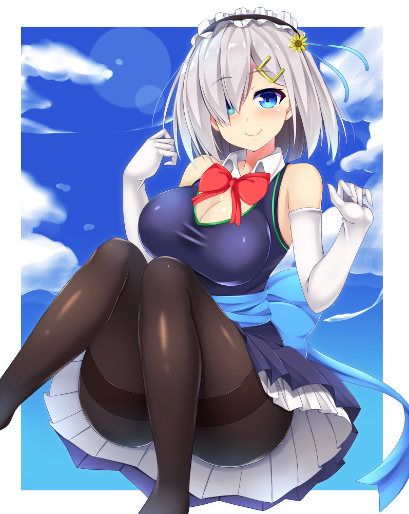 1girl bare_shoulders black_legwear blue_bow blue_eyes blue_sky bow bowtie breasts cleavage closed_mouth day detached_collar dress elbow_gloves flower frilled_dress frills gloves hair_flower hair_ornament hairclip hamakaze_(kantai_collection) jumping kantai_collection large_breasts lens_flare looking_at_viewer maid_headdress pantyhose purple_dress red_bow red_bowtie sash sky sleeveless sleeveless_dress smile solo sunflower_hair_ornament thighband_pantyhose thighs white_gloves yahiro_(anhnw)