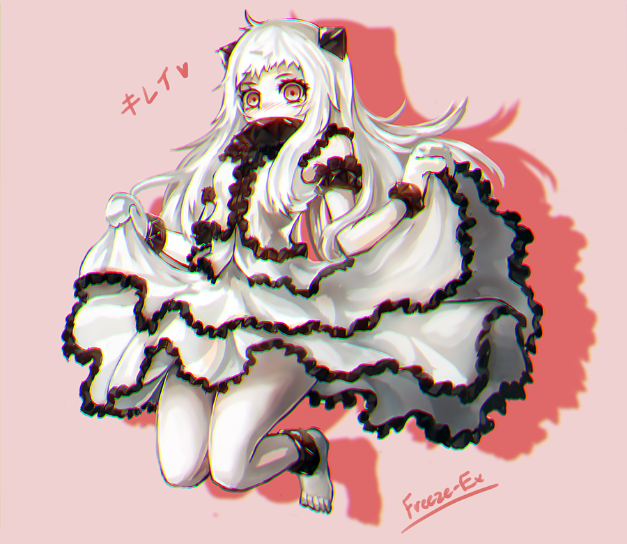 1girl arm_strap artist_name barefoot bent_knees commentary covered_mouth dress dress_lift freeze-ex frilled_dress frills full_body horns kantai_collection layered_dress long_hair looking_at_viewer mittens northern_ocean_hime older pale_skin red_eyes shinkaisei-kan sidelocks sleeveless sleeveless_dress solo white_dress white_hair white_skin