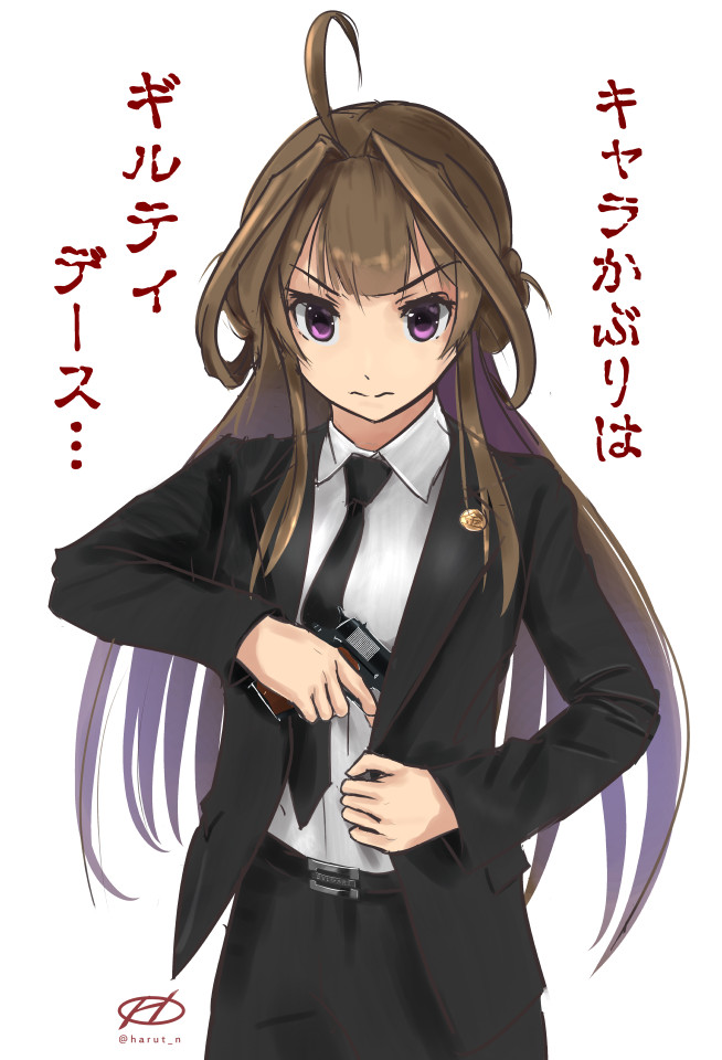 1girl ahoge alternate_costume belt black_necktie brown_hair commentary_request double_bun formal gun handgun harut_n holding holding_gun holding_weapon kantai_collection kongou_(kantai_collection) long_hair long_sleeves looking_at_viewer m1911 necktie pant_suit pin pistol solo suit translation_request twitter_username violet_eyes weapon