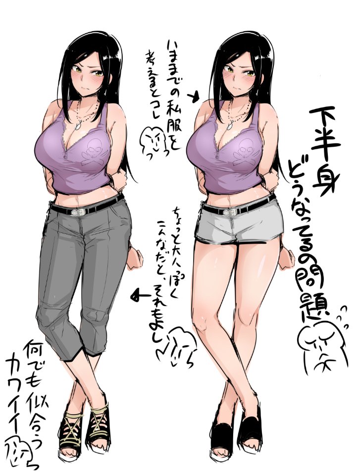 1girl arms_behind_back belt black_hair blush breasts brown_eyes cleavage idolmaster idolmaster_cinderella_girls jewelry large_breasts long_hair looking_at_viewer mukai_takumi navel necklace open_toe_shoes pants shoes shorts sian simple_background sleeveless translated white_background
