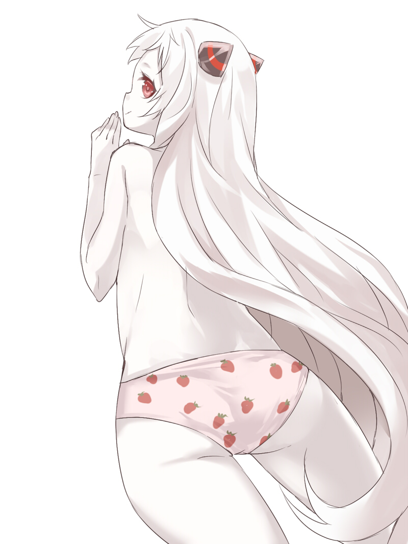 1girl airfield_hime ass back from_behind kantai_collection long_hair maruki_(punchiki) panties print_panties profile red_eyes shinkaisei-kan simple_background solo strawberry_panties strawberry_print topless underwear underwear_only very_long_hair white_background white_hair white_skin