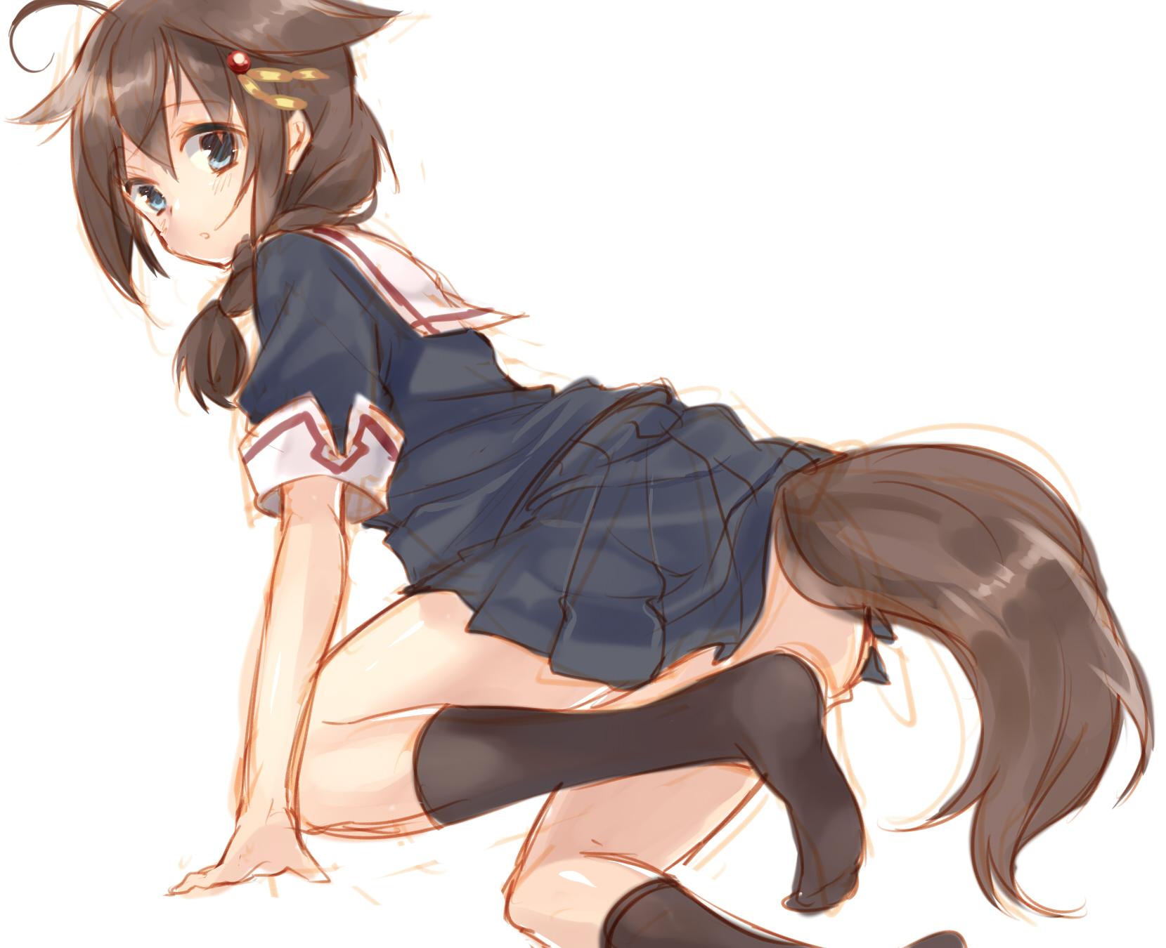 1girl ahoge all_fours black_legwear blush brown_hair dog_tail from_side hair_flaps hair_ornament highres jpeg_artifacts kantai_collection kneehighs leg_up looking_back maruki_(punchiki) no_shoes remodel_(kantai_collection) shigure_(kantai_collection) simple_background sketch skirt solo tail white_background