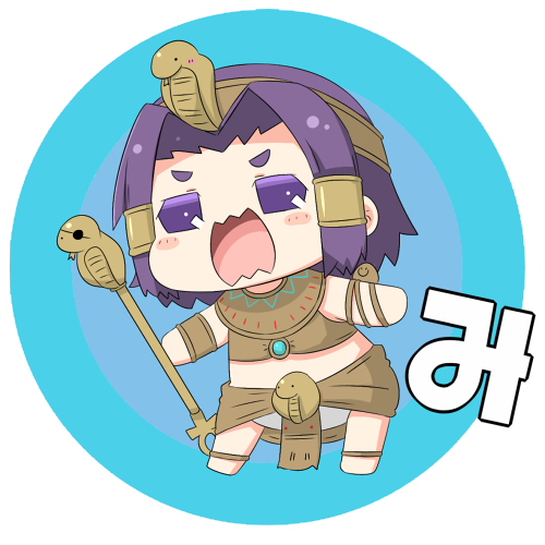 1girl anklet bangs chinese_zodiac egyptian_clothes hair_ornament hair_tubes holding_staff jewelry kantai_collection lowres open_mouth parted_bangs puchimasu! purple_hair short_hair simple_background snake_hair_ornament staff tatsuta_(kantai_collection) translated violet_eyes yuureidoushi_(yuurei6214)