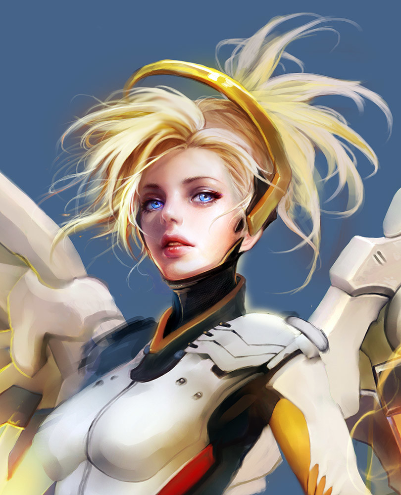 1girl blonde_hair blue_eyes breastplate breasts eyelashes high_collar high_ponytail lips mechanical_halo mechanical_wings mercy_(overwatch) muju overwatch parted_lips solo upper_body wings