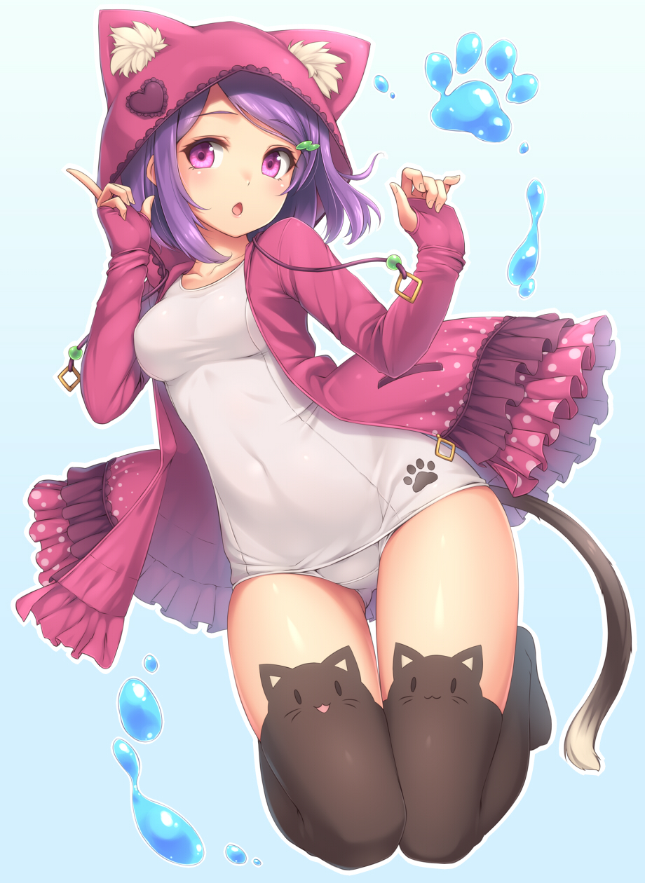 1girl :3 :d animal_ears animal_hood ass_visible_through_thighs bangs black_legwear blue_background blush breasts cat_band_legwear cat_hood chestnut_mouth collarbone covered_navel diamond_(shape) drawstring eyebrows eyebrows_visible_through_hair eyelashes fake_animal_ears fingerless_gloves frills full_body fur gloves hair_ornament hairclip heart_print highres hood hooded_jacket index_finger_raised jacket jumping liquid looking_at_viewer one-piece_swimsuit open_clothes open_jacket open_mouth original outline paw_print pink_jacket polka_dot purple_hair sand-rain sasaame school_swimsuit smile solo swept_bangs swimsuit swimsuit_under_clothes thigh-highs thigh_gap violet_eyes white_swimsuit