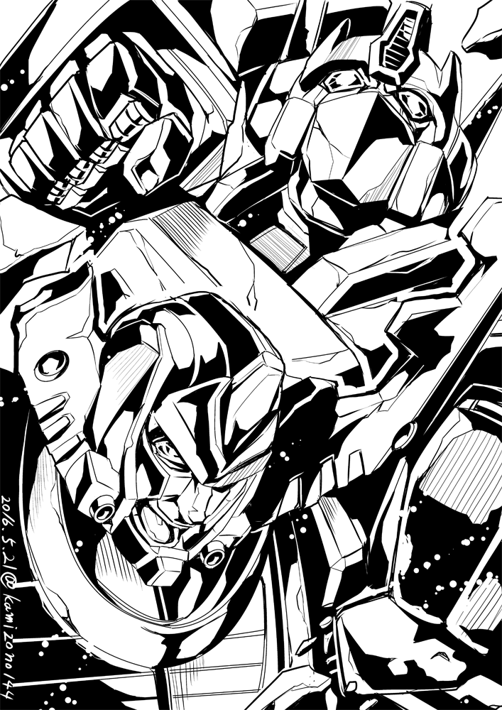 2boys autobot decepticon glowing kamizono_(spookyhouse) machine machinery male mecha megatron monochrome multiple_boys no_humans open_mouth optimus_prime personification robot science_fiction standing transformers transformers_armada