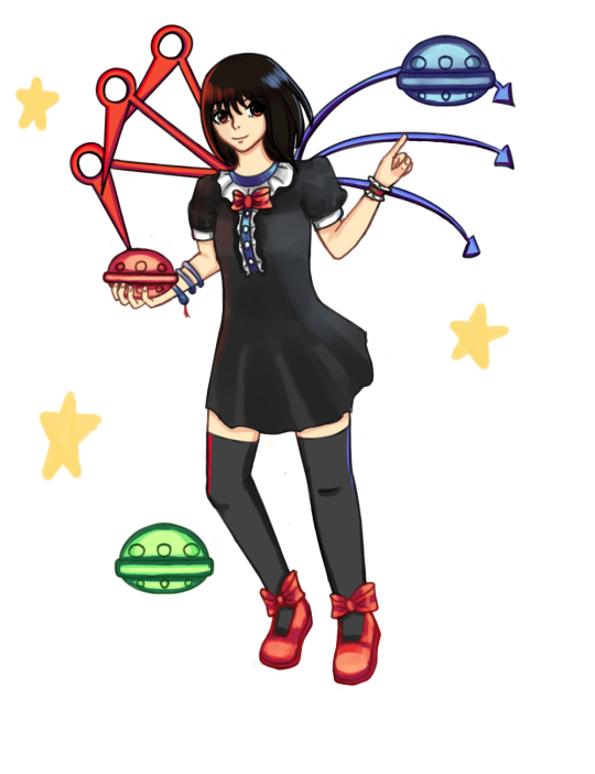 asymmetrical_wings black_dress black_hair black_legwear dress houjuu_nue red_eyes red_shoes shoes short_dress short_sleeves sonicami star thigh-highs touhou ufo undefined_fantastic_object wings zettai_ryouiki