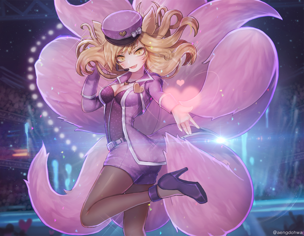 1girl ahri alternate_costume alternate_hair_color animal_ears ass bangs blonde_hair bow breasts cleavage cosplay crowd floating_hair fox_ears fox_tail hanato_(seonoaiko) hat hat_bow heart high_heels jacket kitsune league_of_legends long_hair looking_at_viewer multiple_tails one_leg_raised open_clothes open_jacket peaked_cap popstar_ahri smile tail thighs twitter_username whisker_markings yellow_eyes