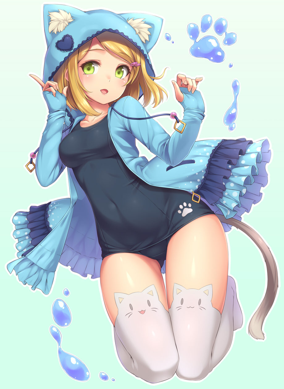 1girl :d animal_ears animal_hood ass_visible_through_thighs bangs black_swimsuit blonde_hair blue_background blue_jacket blush breasts cat_band_legwear cat_hood collarbone covered_navel diamond_(shape) drawstring eyebrows eyebrows_visible_through_hair eyelashes fake_animal_ears fingerless_gloves frills full_body fur gloves green_eyes hair_ornament hairclip heart_print highres hood hooded_jacket index_finger_raised jacket jumping liquid looking_at_viewer one-piece_swimsuit open_clothes open_jacket open_mouth original outline paw_print polka_dot sand-rain sasaame school_swimsuit smile solo swept_bangs swimsuit swimsuit_under_clothes thigh-highs thigh_gap white_legwear
