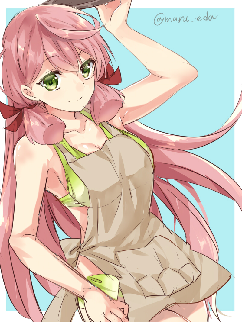 1girl akashi_(kantai_collection) apron bikini blush breasts green_eyes hair_ribbon kantai_collection long_hair looking_at_viewer maruki_(punchiki) nearly_naked_apron pink_hair ribbon smile solo swimsuit tray tress_ribbon twitter_username