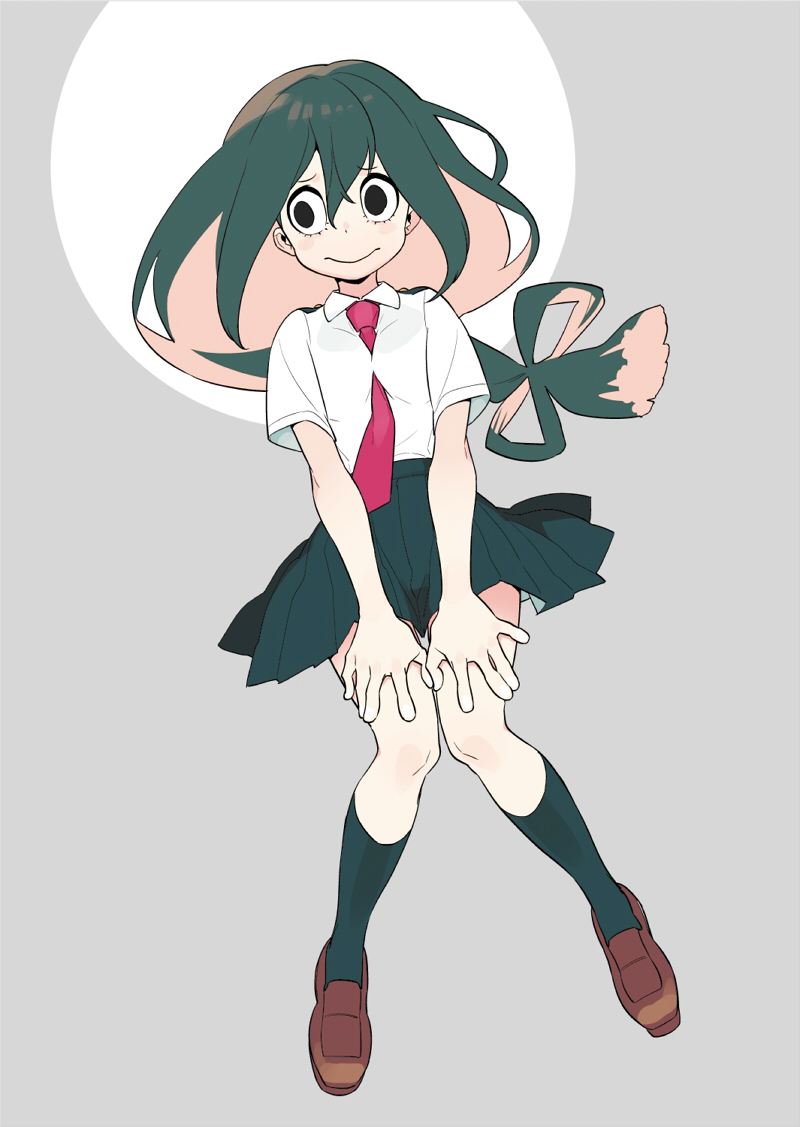 1girl :&gt; asui_tsuyu black_eyes black_hair black_legwear black_skirt boku_no_hero_academia brown_shoes commentary_request dress_shirt eyelashes from_above full_body grey_background hair_ribbon hands_on_own_knees loafers long_hair low-tied_long_hair lying mooh necktie on_back pleated_skirt red_necktie ribbon school_uniform shirt shoes short_sleeves simple_background skirt solo white_shirt wing_collar