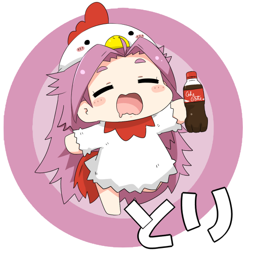1girl bangs chicken_costume chicken_hat chinese_zodiac closed_eyes coca-cola drooling holding_bottle jun'you_(kantai_collection) kantai_collection lowres open_mouth parted_bangs puchiko purple_hair simple_background spiky_hair translated yuureidoushi_(yuurei6214)