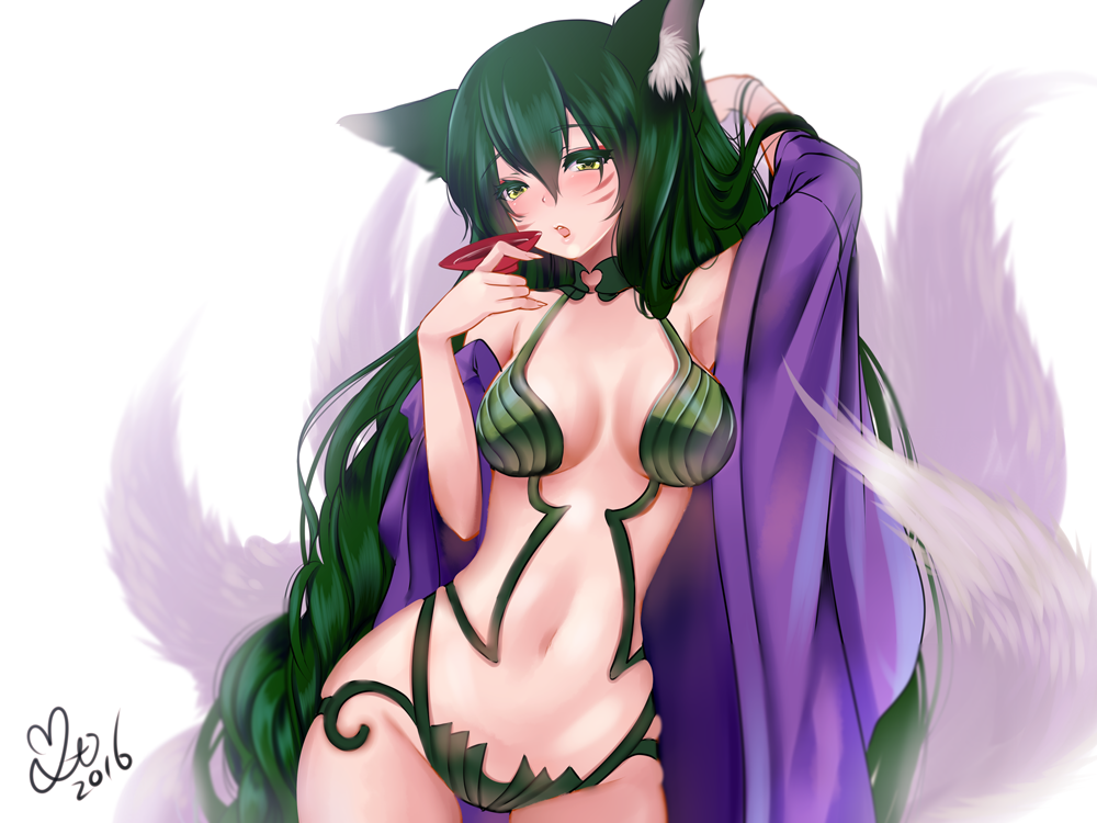 1girl ahri akira_b animal_ears blush breasts cosplay facial_mark fate/grand_order fate_(series) fox_ears fox_tail japanese_clothes kimono large_breasts league_of_legends long_hair looking_at_viewer multiple_tails navel open_mouth sakazuki shuten_douji_(fate/grand_order) shuten_douji_(fate/grand_order)_(cosplay) simple_background solo tail whisker_markings white_background