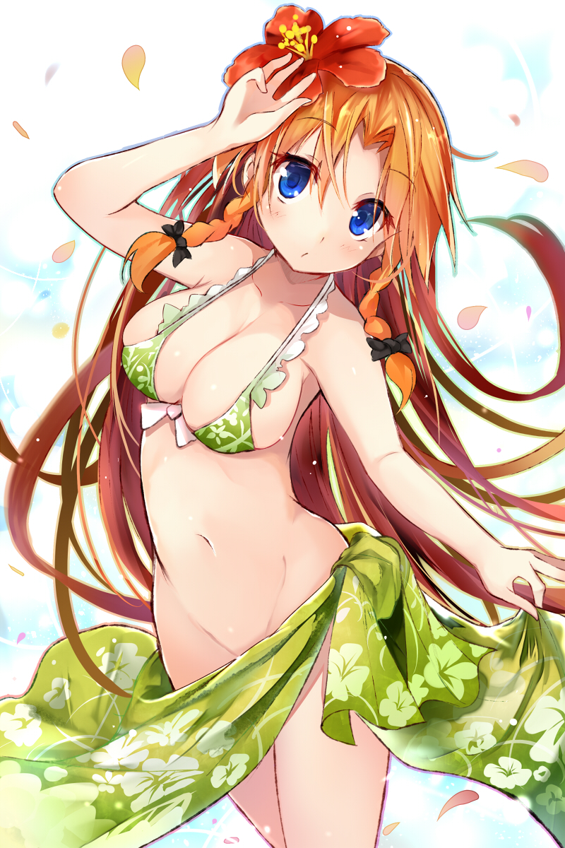 1girl arm_up bare_shoulders bikini bikini_top black_bow blue_eyes blush bottomless bow braid breasts cleavage collarbone efe floral_print flower green_bikini groin hair_bow hair_flower hair_ornament halter_top halterneck head_tilt hibiscus highres hong_meiling long_hair looking_at_viewer navel orange_hair sarong side_braid solo standing swimsuit touhou twin_braids very_long_hair