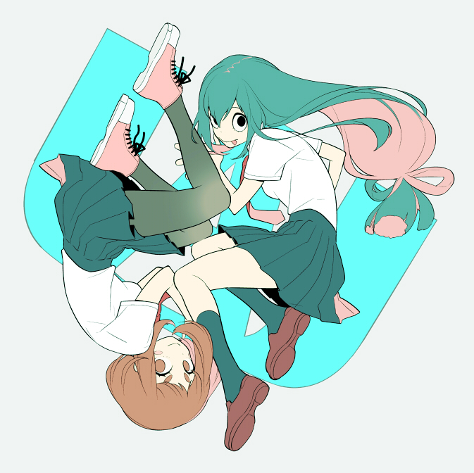 2girls :p asui_tsuyu black_eyes blush_stickers boku_no_hero_academia brown_eyes brown_hair brown_shoes commentary_request dress_shirt eyelashes flat_color from_above green_hair green_legwear green_skirt loafers long_hair looking_at_viewer looking_up low-tied_long_hair lying mooh multiple_girls necktie no_pupils on_side pantyhose pink_shoes pleated_skirt red_necktie rotational_symmetry school_uniform shirt shoes short_hair short_sleeves simple_background skirt smile sneakers tongue tongue_out uraraka_ochako white_background white_shirt