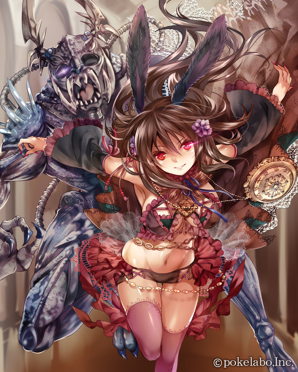 1girl animal_ears armor armpits bangs bow breasts brown_eyes brown_hair collar company_name detached_sleeves dress eikou_no_guardian_battle flower glowing glowing_eye groin hair_between_eyes hair_flower hair_ornament highres jewelry large_breasts long_hair madogawa nail_polish navel necklace official_art open_mouth outstretched_arms parted_lips pink_legwear rabbit_ears ribbon skirt standing standing_on_one_leg thigh-highs wide_sleeves