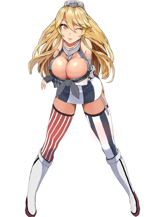 1girl blonde_hair breasts cleavage elbow_gloves fingerless_gloves garter_straps gloves hair_between_eyes iowa_(kantai_collection) kantai_collection large_breasts leaning_forward long_hair miniskirt one_eye_closed sikijou77o skirt solo star star-shaped_pupils symbol-shaped_pupils thigh-highs yellow_eyes