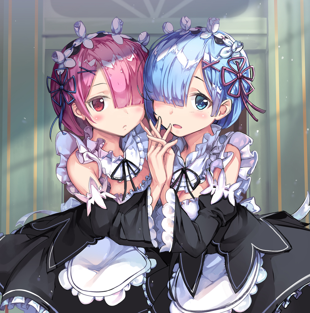 2girls apron blue_eyes blue_hair blush detached_collar detached_sleeves dress female frilled_dress frills hair_ornament hair_over_one_eye head_to_head interlocked_fingers looking_at_viewer maid maid_apron maid_headdress multiple_girls newey open_mouth pink_hair ram_(re:zero) re:zero_kara_hajimeru_isekai_seikatsu red_eyes rem_(re:zero) ribbon-trimmed_sleeves ribbon_trim short_hair siblings sisters twins x_hair_ornament