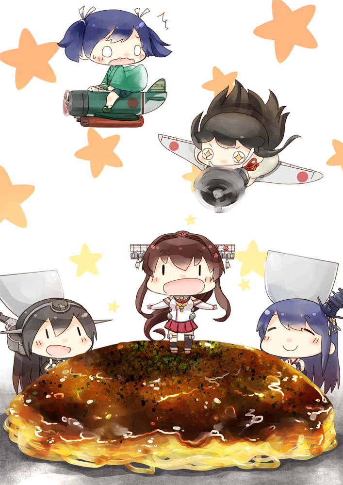 5girls :d aircraft airplane akagi_(kantai_collection) asymmetrical_legwear black_hair blue_hair blush brown_hair cherry_blossoms chibi closed_eyes commentary_request detached_sleeves dress food furisode fusou_(kantai_collection) hair_ornament hakama headgear hinata_yuu japanese_clothes kantai_collection kimono long_gloves long_hair long_sleeves miniskirt multiple_girls nagato_(kantai_collection) nontraditional_miko okonomiyaki open_mouth ponytail revision rigging skirt smile souryuu_(kantai_collection) star star-shaped_pupils starry_background strapless strapless_dress symbol-shaped_pupils thigh-highs twintails very_long_hair yamato_(kantai_collection) z_flag