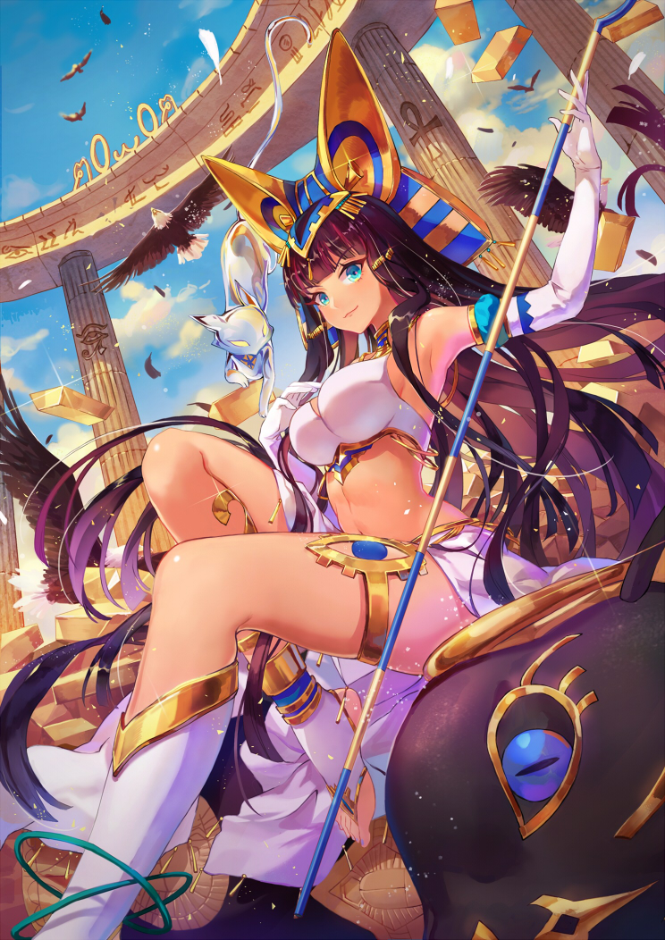 1girl animal_ears ankh anklet armlet armpits bangs bird black_cat black_hair blank_eyes blue_nails blurry breasts cat cat_ears closed_mouth clouds criin_(659503) crop_top crown dark_skin depth_of_field dropping dutch_angle eagle egyptian egyptian_clothes elbow_gloves eyebrows eyebrows_visible_through_hair feathers floating_hair fringe glint gloves gold headdress holding jewelry knee_up large_breasts lens_flare light_particles long_hair looking_at_viewer midriff moeoh_ex nail_polish navel necklace no_shoes outdoors pillar ramesses_ii shade sitting sleeveless smile staff string text thighlet throne toeless_socks toenail_polish very_long_hair white_gloves white_skin yellow_sclera