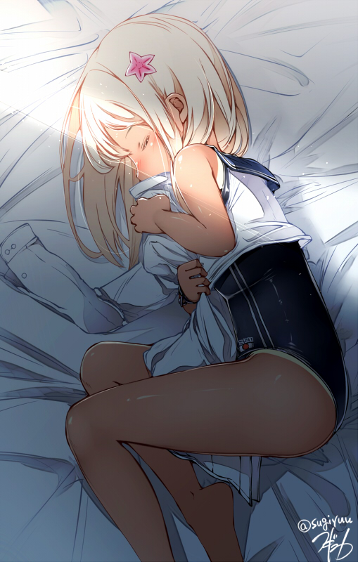 1girl bare_arms bare_legs bare_shoulders barefoot bed_sheet black_swimsuit blonde_hair character_name closed_eyes competition_school_swimsuit crop_top fetal_position from_above hair_ornament hairpin japanese_flag kantai_collection long_hair lying military military_uniform morning naval_uniform object_hug on_side ro-500_(kantai_collection) shirt sleeping sleeveless sleeveless_shirt solo sugiyuu swimsuit tan tanline uniform white_shirt