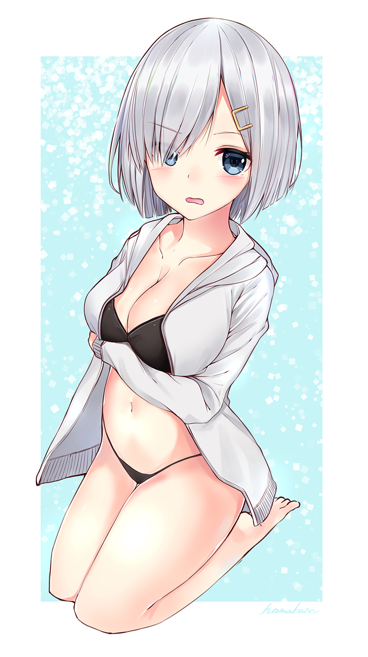 1girl barefoot bikini blue_eyes breasts cleavage error hair_ornament hair_over_one_eye hairclip hamakaze_(kantai_collection) highres kantai_collection kneeling looking_at_viewer neku_(neku_draw) short_hair silver_hair solo swimsuit swimsuit_under_clothes wrong_feet