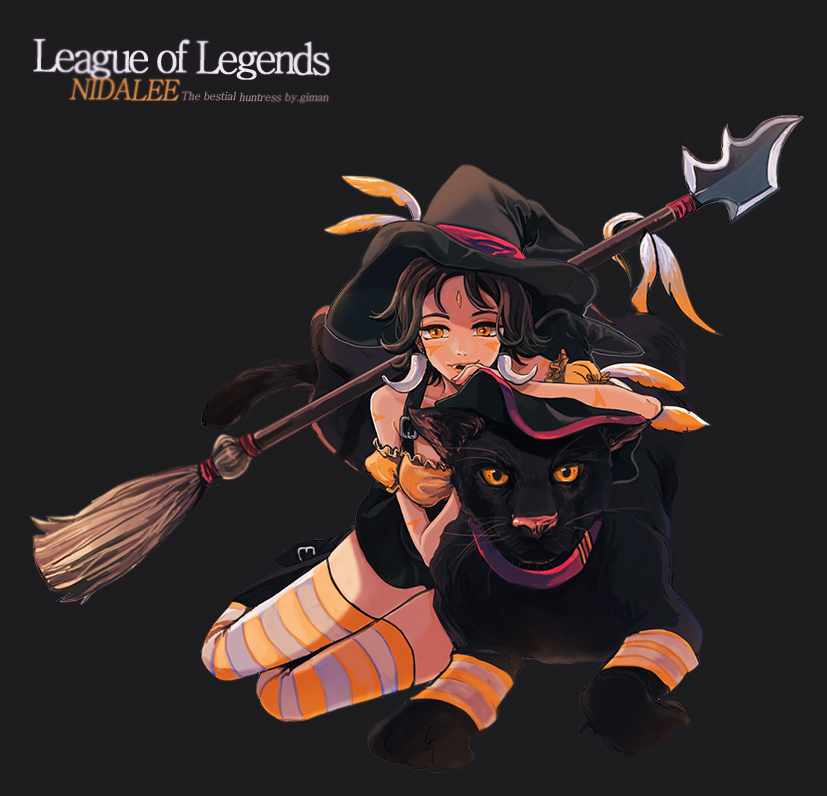 1girl bewitching_nidalee black_background boots breasts broom brown_hair collar cougar_(animal) earrings eyeshadow facial_mark feathers forehead_jewel halloween hat jewelry league_of_legends looking_at_viewer makeup moo9mom nidalee orange_eyes panther polearm puffy_short_sleeves puffy_sleeves short_hair short_sleeves simple_background sitting skirt solo striped striped_legwear tail tattoo thigh-highs weapon witch witch_hat