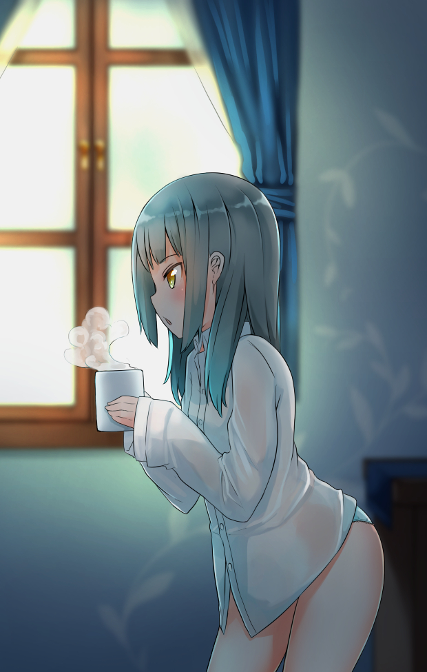 1girl blowing blurry blush buttons collared_shirt comah cup curtains depth_of_field dress_shirt from_side green_hair green_panties holding holding_cup kantai_collection kasumi_(kantai_collection) long_hair long_sleeved_shirt long_sleeves no_pants panties shirt sleeves_past_wrists solo steam underwear white_shirt window wing_collar