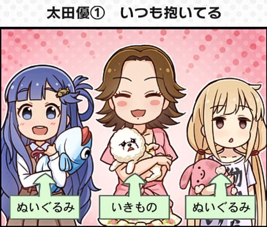 1koma 3girls animal asari_nanami bangs blonde_hair blue_eyes blue_hair blunt_bangs blush_stickers brown_eyes brown_hair closed_eyes comic dog fish_hair_ornament futaba_anzu hair_ornament hair_rings hairclip holding_animal holding_stuffed_animal idolmaster idolmaster_cinderella_girls idolmaster_cinderella_girls_starlight_stage jewelry low_twintails multiple_girls necklace odd_one_out official_art oota_yuu open_mouth parted_bangs parted_lips poodle stuffed_animal stuffed_bunny stuffed_fish stuffed_toy twintails